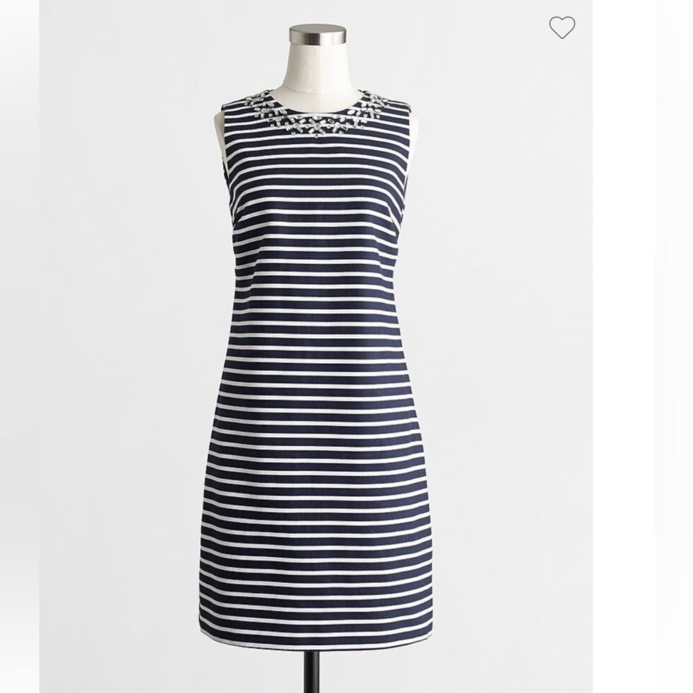 J CREW Embellished Sleeveless Sheath Dress Navy & White Stripe Sz 0